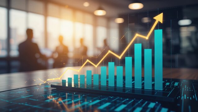 Business growth and financial success depicted by a rising bar chart and line graph with blurred office background