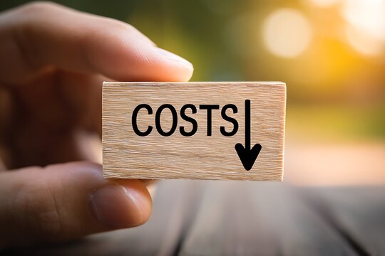 Vibrant photo of photo of a hand holding a wooden block with a downward-pointing graph arrow and the text "COSTS" on it, representing the concept of cost reduction in business.