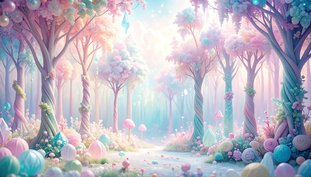 Whimsical pastel forest path, candy-like trees, glowing, soft light, pastel mushrooms, sweet treats scattered