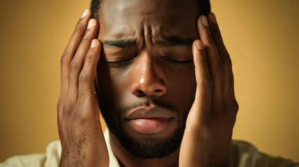A man with a beard and mustache, wearing a light-colored shirt, is holding his head in his hands, with his eyes closed and a concerned expression on his face.
