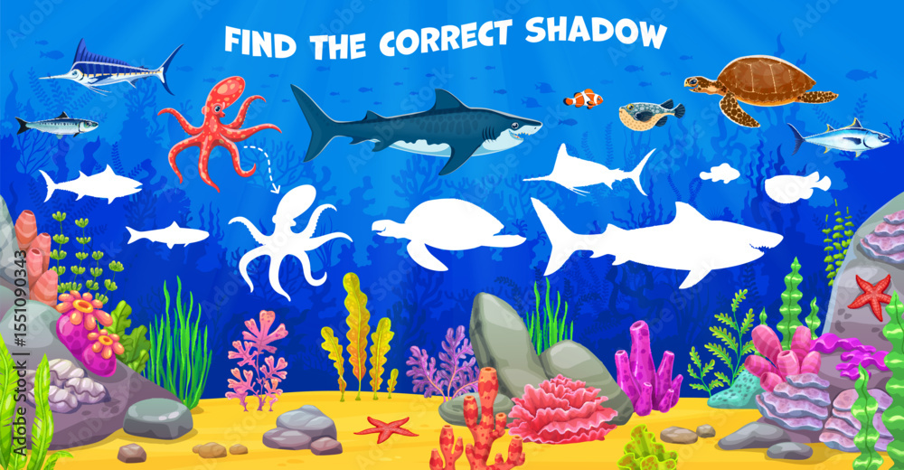 Poster find correct shadow of sea animals at underwater landscape for kids game, vector worksheet. cartoon 