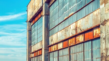 An old, rusted industrial building with large windows and a blue sky in the background.