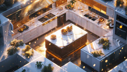 Luxury isometric kitchen design with island countertops and natural light emphasizing modern aesthetics