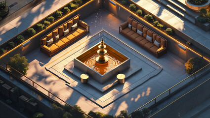 Luxury outdoor lounge area design featuring modern fountain and comfortable seating arrangements