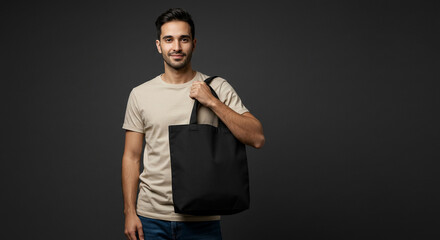 Man holding a black tote bag over his shoulder