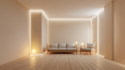 Minimalist and modern living room interior design with soft lighting and wooden furniture arrangement.