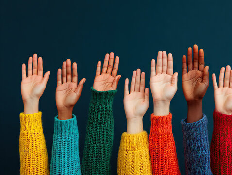 Diverse group of raised hands wearing colorful sweaters against blue background - Powered by Adobe