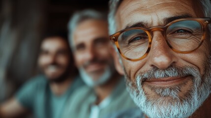 A cheerful senior man smiles warmly while enjoying time with friends, capturing the joy of companionship and the beauty of friendship in a relaxed and joyful atmosphere.