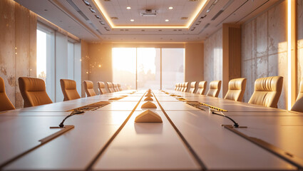 Modern and luxurious boardroom with a large conference table and leather chairs bathed in natural light