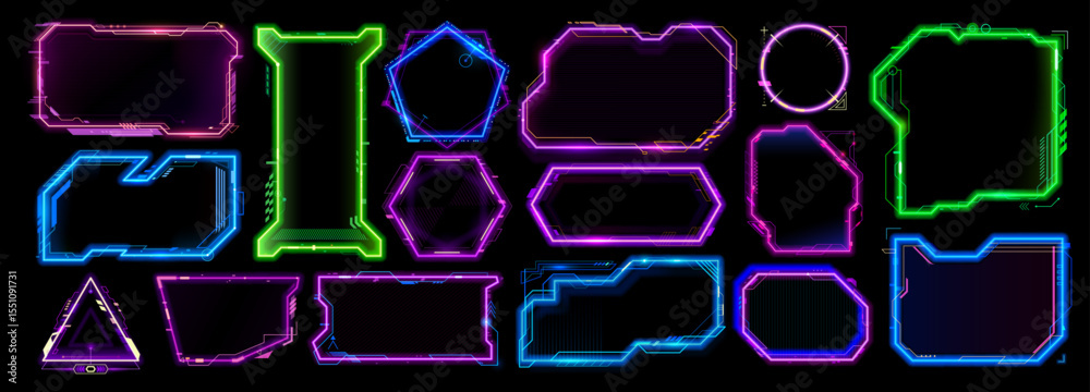 Poster Neon game frames asset, HUD interface overlay templates vector set. Futuristic glowing cyberpunk borders. Callout titles, information call boxes in digital modern scifi and high tech holographic style