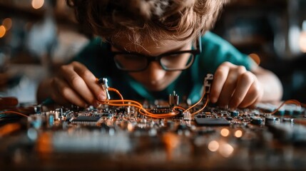 A young child focuses intently on a circuit board, representing curiosity and the joy of discovery in the world of electronics and technology, sparking interest in STEM fields.