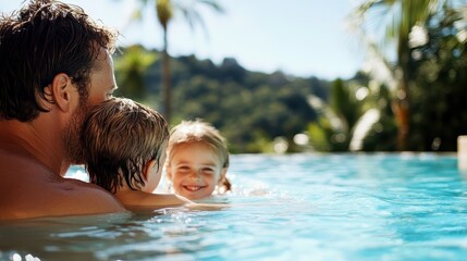 Fototapeta premium A joyful family enjoys a sunny day at the pool, creating precious moments filled with laughter, love, and togetherness, surrounded by lush greenery and a bright blue sky.
