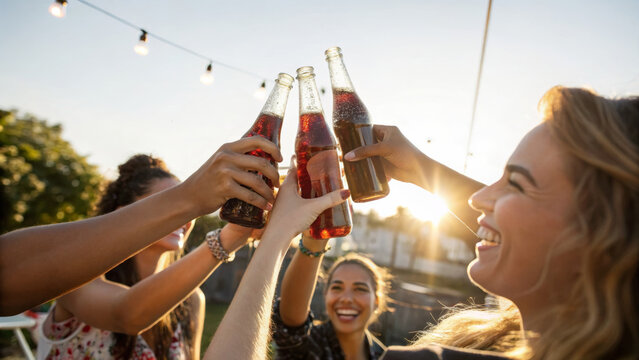 Independence day celebration. Group of friends outdoor barbecue party, smiling, holding soda bottles ,barbecue party outdoor, 4th of july gathering, family patriotic celebrating usa holiday
