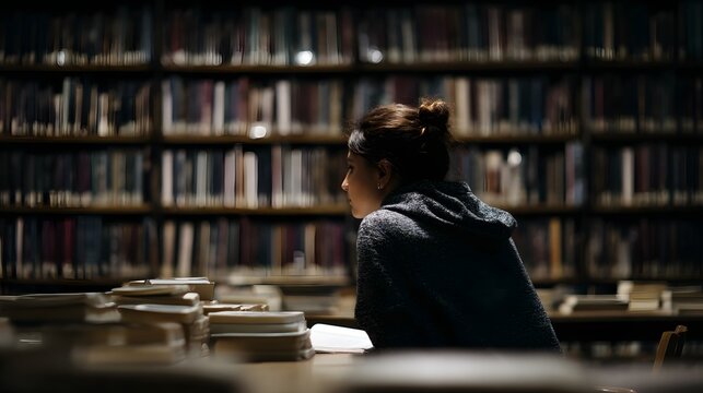 A student studying alone in a library surrounded by books