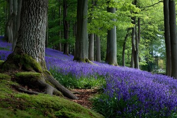 Forest floor blanketed in vibrant blue flowers with tall trees creating a woodland scene