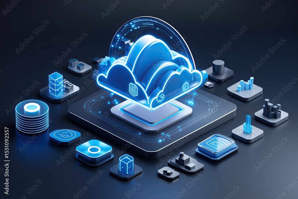 Poster visualizing future ready cloud ecosystems and data frameworks in 3d with blue symbols on dark backgr