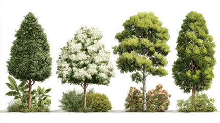 spring shrubs in side view, clean botanical illustration set