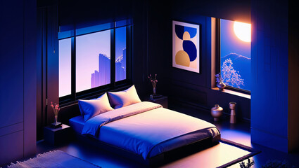Modern bedroom interior design with large windows featuring colorful sunrise and city view