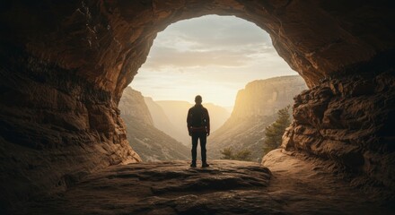 Silhouette at Cave Entrance: Mountain Vista, Exploration, and a Sense of Scale.