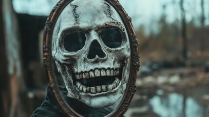 A chilling image of a skull held in a mirror, highlighting the themes of mortality and contemplation in a hauntingly artistic way, set against a dark, moody background.