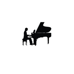 Silhouette of a musician playing a grand piano in a concert hall on white background