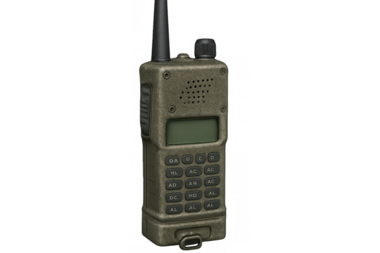 Military radio with keypad and display isolated on transparent background, ideal for communication and security concepts