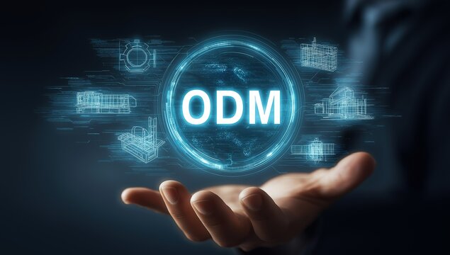 Digital - style illustration of a hand presenting the ODM concept, with blue - hued, futuristic tech - inspired elements and a glowing "ODM" in the center. Ideal for business