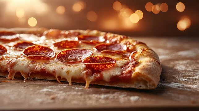 A vibrant, close-up shot of a pepperoni pizza highlighting its gooey cheese and crisp crust, perfect for food lovers and pizza enthusiasts showcasing indulgent flavors.