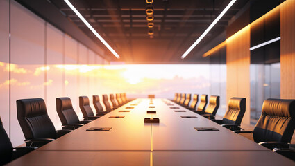 Modern corporate conference room with long table and leather chairs bathed in golden light