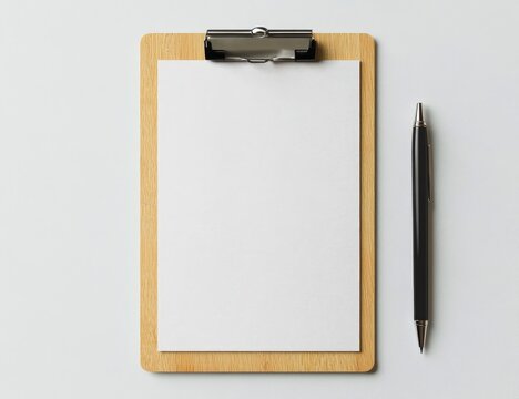Blank clipboard with pen.  A light-colored wooden clipboard holds a sheet of blank white paper. A black pen lies beside it on a white surface
