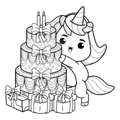 Happy Birthday Coloring Page with cute unicorn