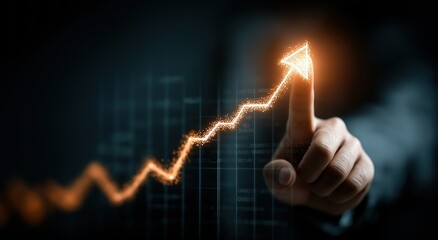 Hand - pointing at a glowing upward - trending arrow on a digital graph background, symbolizing growth and progress, suitable for business, finance, and performance reports. 