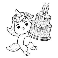 Happy Birthday Coloring Page with cute unicorn