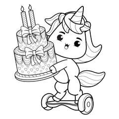 Happy Birthday Coloring Page with cute unicorn