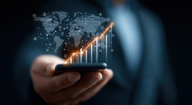 Hand - holding smartphone with digital world map and upward - trending bar graph, dotted connections and glowing elements for business or tech promotion 