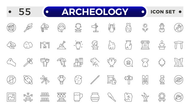 Archeology Outline icon set. Historical line icon. Contain linear symbols exhibition, antiquity, art, old, archaeologic, heritage and more. Antiques modern icon. Minimalist icons collection.