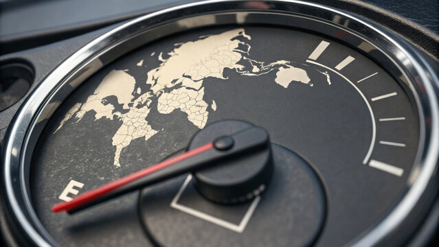 Oil trade international. World map fuel gauge dashboard empty energy transportation global oil economy travel crisis shortage warning ,global shipping, energy, crude oil market, energy economy - Powered by Adobe