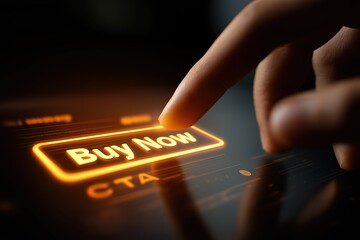 Close - up of a hand pressing a glowing "Buy Now" button on a digital interface, ideal for e - commerce and call - to - action design.