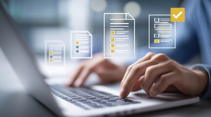 Digital concept of online form - filling on laptop, with floating form icons and check - mark symbol, for business or administrative use 
