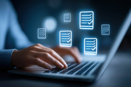 Digital - style illustration of hands typing on laptop with floating check - list icons, ideal for business, productivity, and task - management projects 