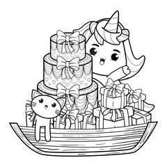 Happy Birthday Coloring Page with cute unicorn