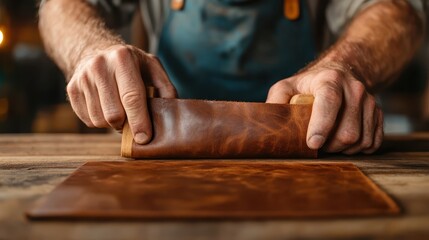 An artisan delicately rolls a piece of leather in a workshop, highlighting the craftsmanship and dedication to quality that goes into handmade leather goods.