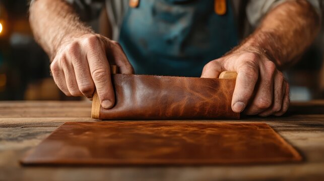 An artisan delicately rolls a piece of leather in a workshop, highlighting the craftsmanship and dedication to quality that goes into handmade leather goods.