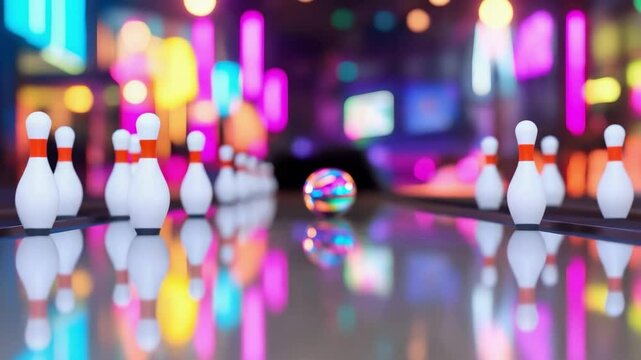 A reflective, multi-colored bowling ball sits on a shiny surface with blurred bowling pins and vibrant lights in the background.