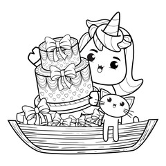 Happy Birthday Coloring Page with cute unicorn