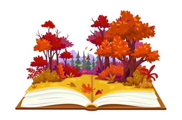 Opened book with autumn forest and rock mountains, vector fall season, library, reading and education. Cartoon fairy tale storybook with autumn forest trees and falling leaves on opened book pages