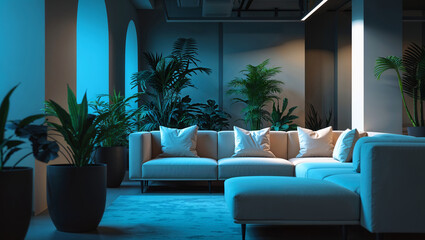 Modern interior design with comfortable sofa and lush green plants illuminated by ambient lighting