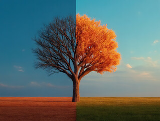 Conceptual art of tree split into two contrasting halves, one barren and other vibrant with orange leaves, symbolizing climate
