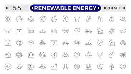 Renewable energy Outline icon set. Energy, efficiency, solar energy, green, sunlight, wind, and water outline icon collection. UI thin outline icon pack.