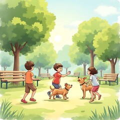 Children Playing with Dogs in Sunny Park Cartoon Illustration